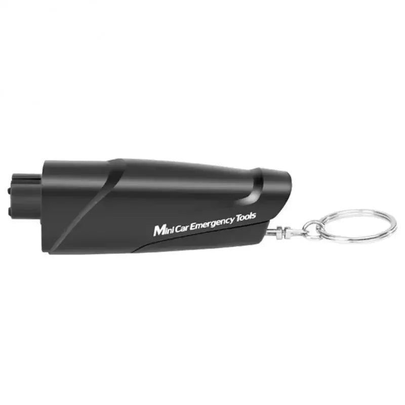 Black Mini Car Emergency Tools featuring a window breaker and seatbelt cutter tool.