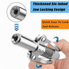 A silver threaded tool coupler with a six-lobed jaw locking eesign being held by a hand.