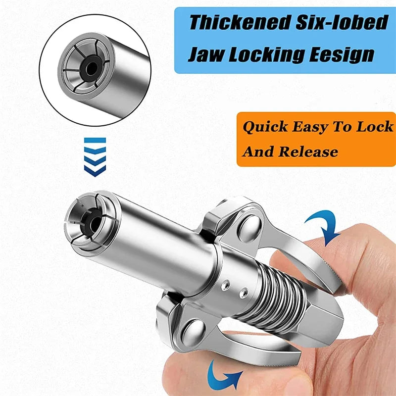 A silver threaded tool coupler with a six-lobed jaw locking eesign being held by a hand.