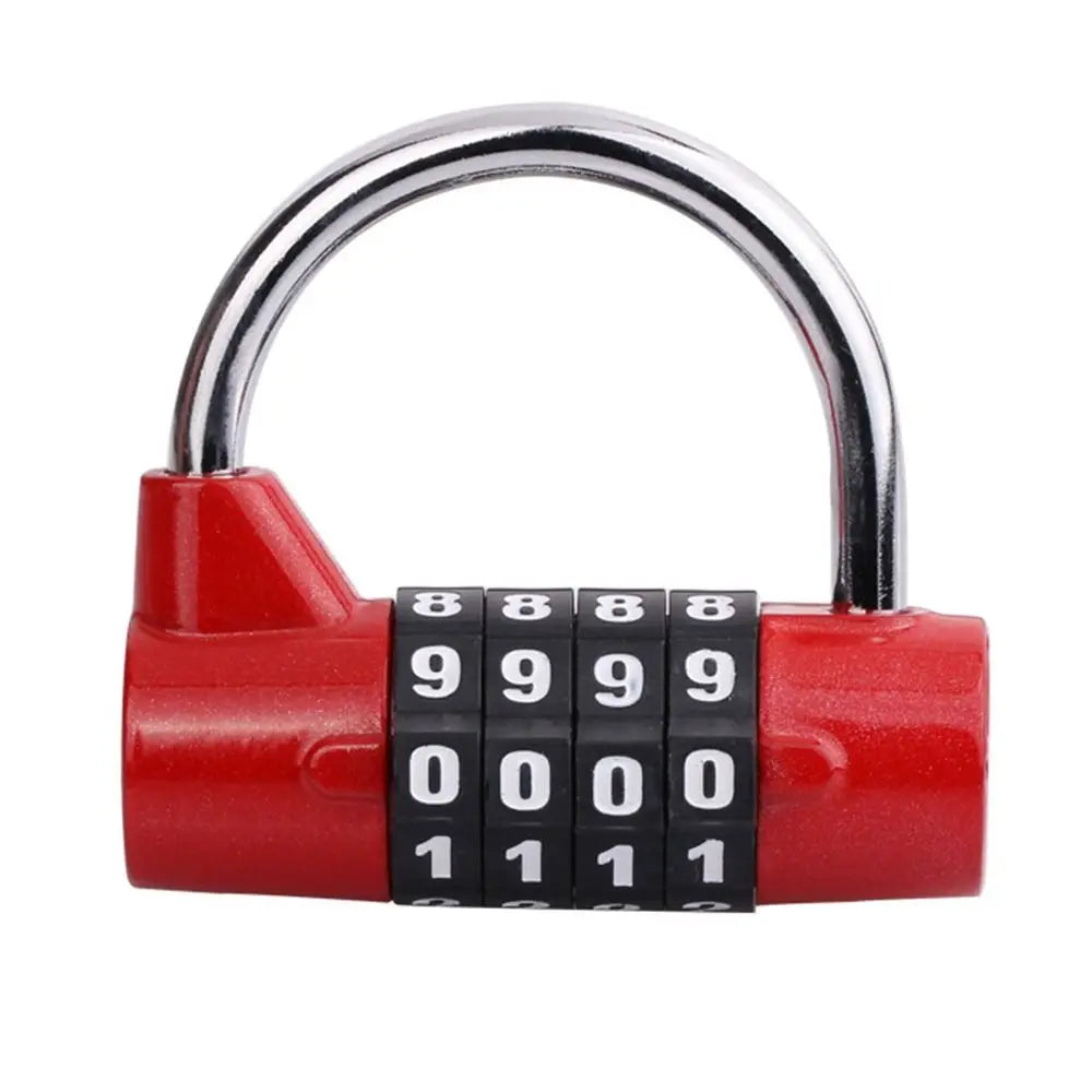 Rotes, robustes Kombinationsschloss mit silbernem Bügel und Zifferncode.