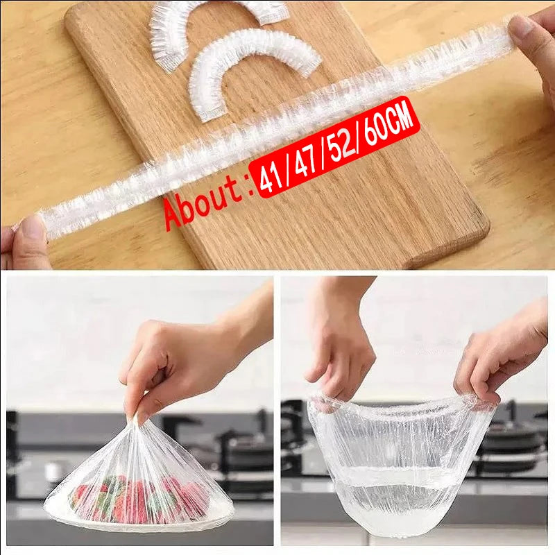 Reusable elastic food covers shown in various forms including a strip and a mesh bag for kitchen organization