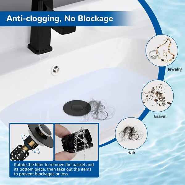 A black sink drain filter is shown with a loose basket and items like jewelry, gravel, and hair preventing blockage.