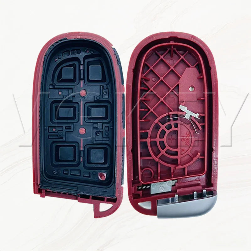 A pair of replacement smart key shells for Dodge Challenger and Charger models, shown in red and black.