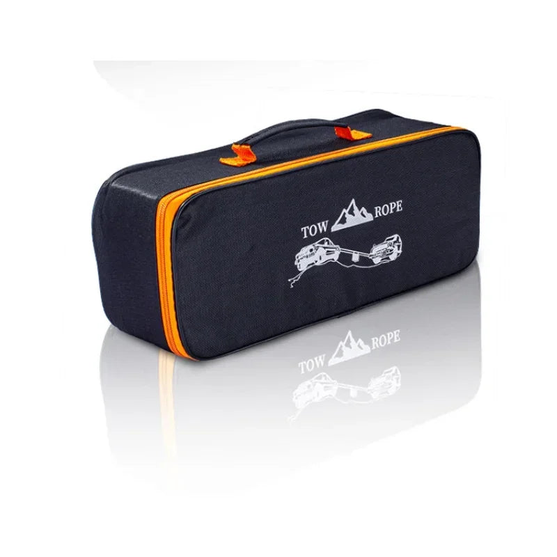 A black storage pouch for a heavy-duty off-road tow rope with steel hooks, featuring an orange accent stripe.