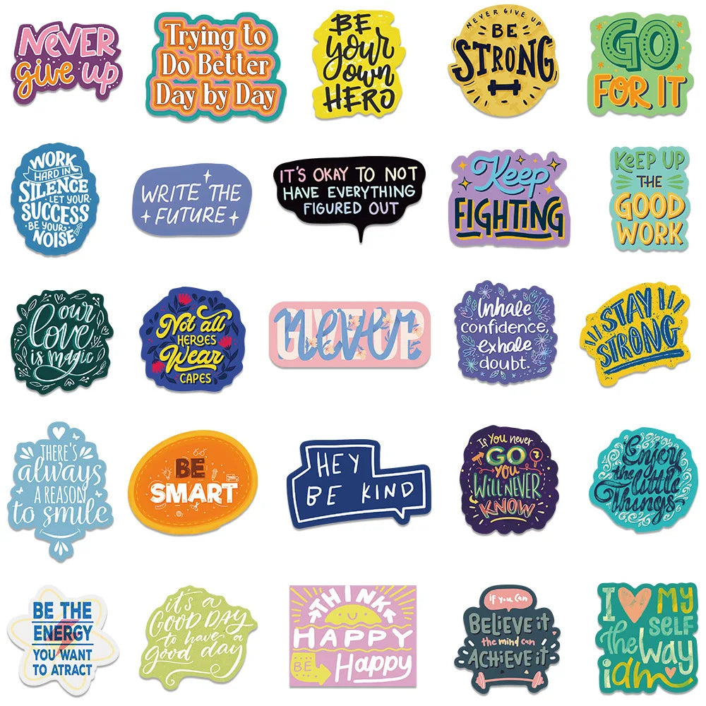 A pack of inspirational English quote stickers featuring various motivational phrases and sayings.
