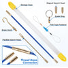 A set of fiberglass fish tape wire pulling kit showing various components like a storage case, search heads, and brass fittin