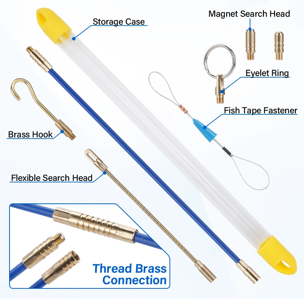A set of fiberglass fish tape wire pulling kit showing various components like a storage case, search heads, and brass fittin