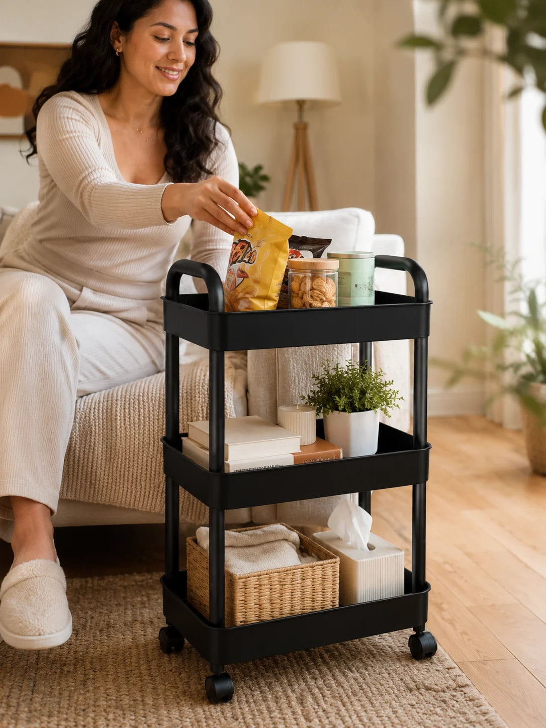 A woman is using a black 3-tier rolling utility cart with wheels to store various items on a light rug.