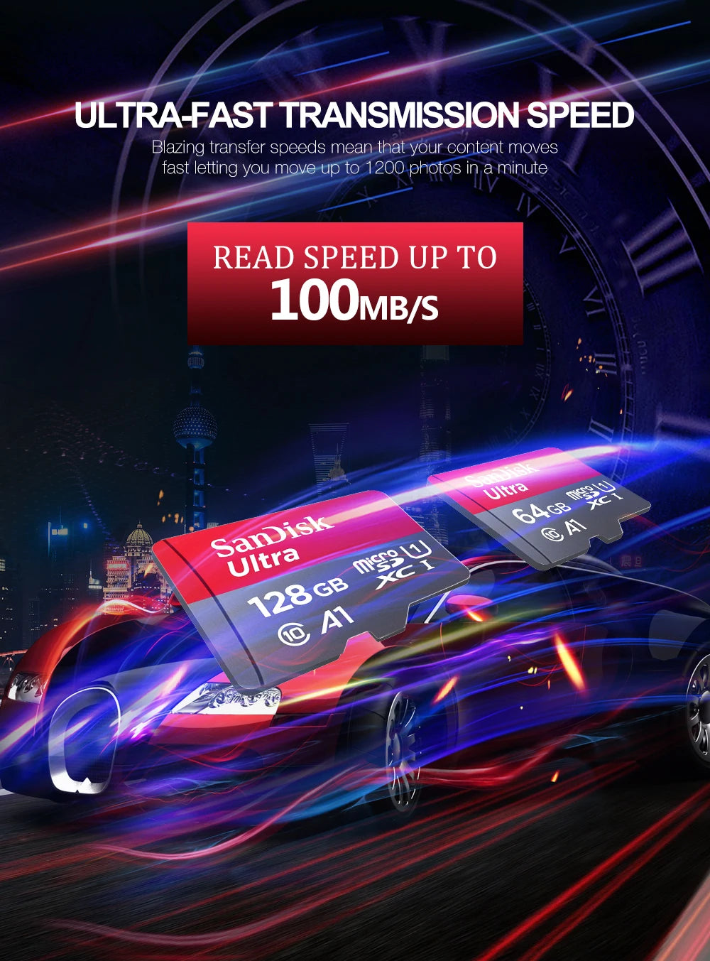A red SanDisk Ultra microSD card is shown in motion, emphasizing ultra-fast data transmission speed.