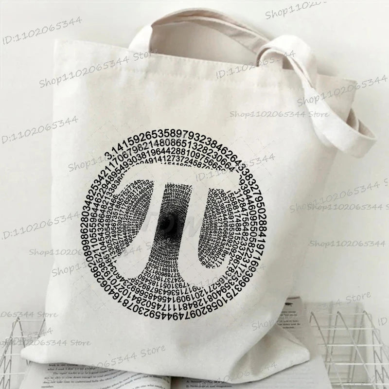 A white canvas tote bag with a black mathematical symbol printed on it.