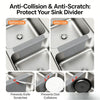 Before and after images showing a silicone sink divider protecting a sink by preventing knife scratches and dish collisions