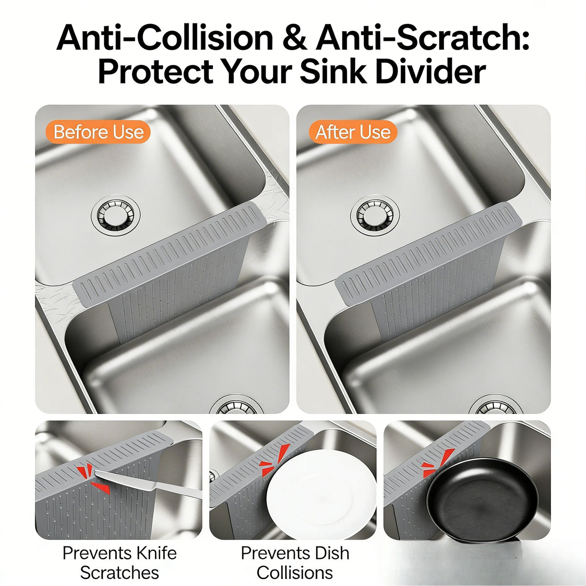 Before and after images showing a silicone sink divider protecting a sink by preventing knife scratches and dish collisions
