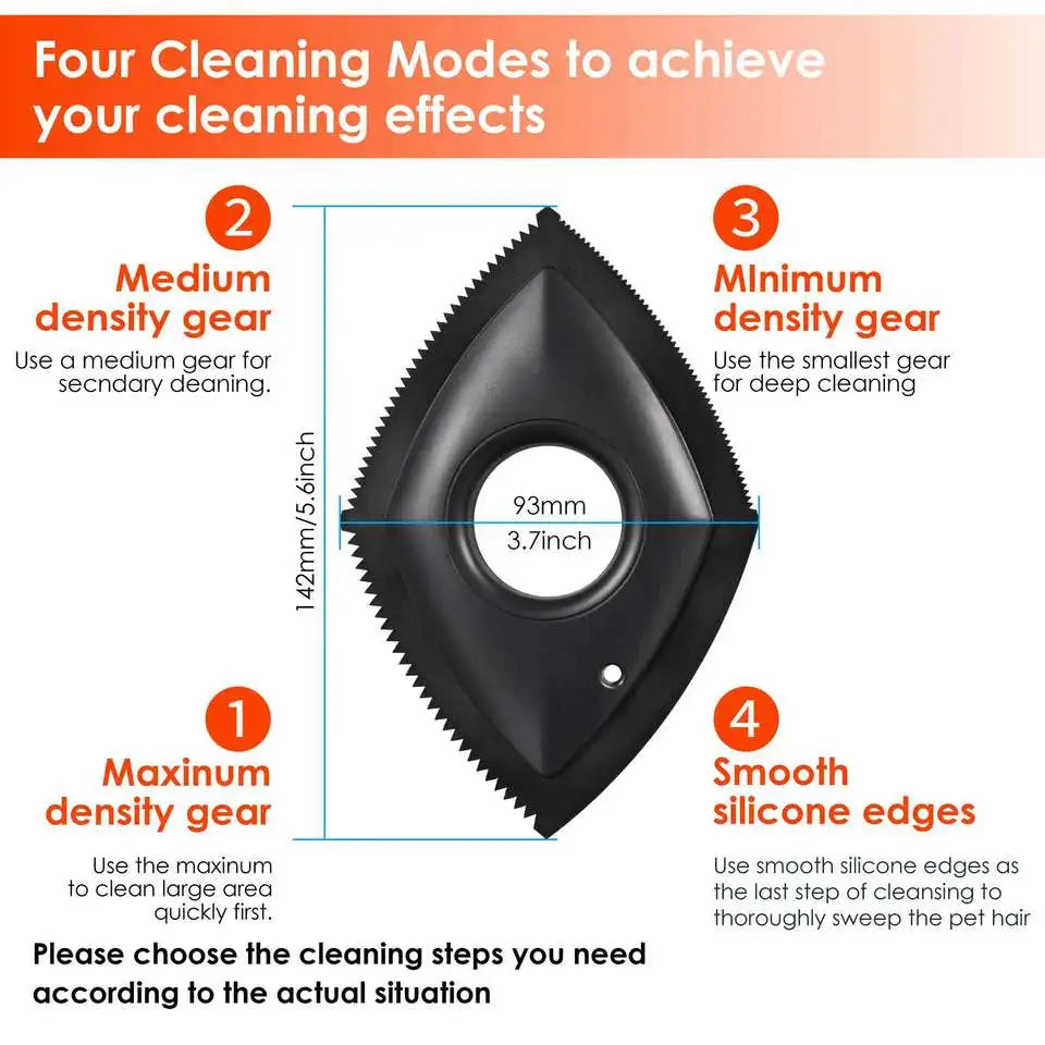 Diagram showing four cleaning modes for a pet hair remover tool, illustrating different gear sizes and cleaning effects.