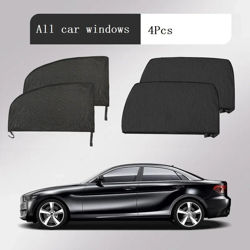 Four black car window mesh sun shade covers displayed next to a black sedan.