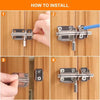 Four steps showing how to install a heavy duty stainless steel door bolt latch on a wooden door.