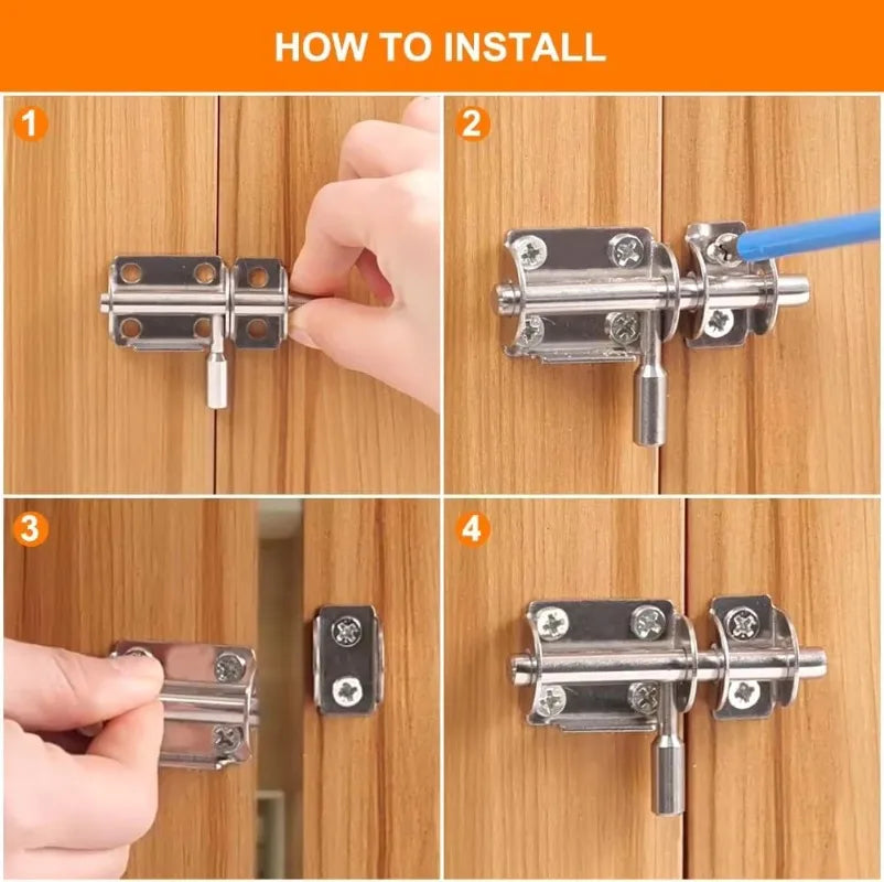 Four steps showing how to install a heavy duty stainless steel door bolt latch on a wooden door.