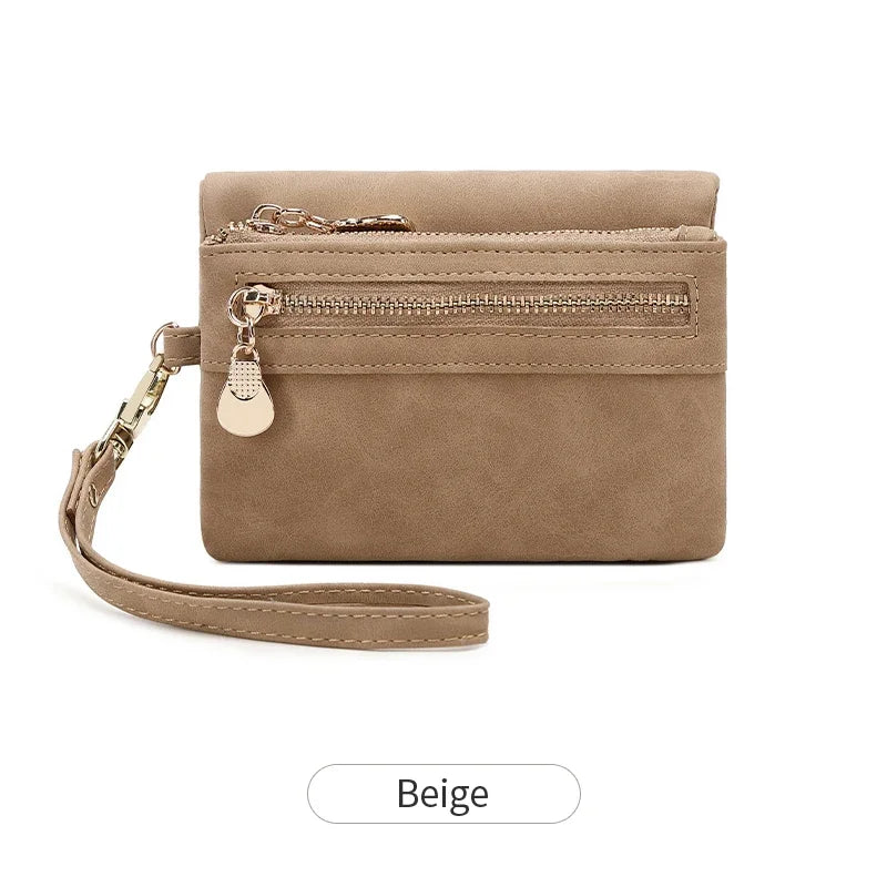 Vintage PU Leather Foldable Clutch Wallet with Wrist Strap