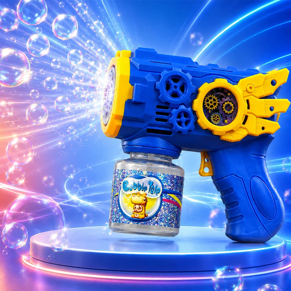Blasteppfederpistole mit Blasen gegen blauen Hintergrund