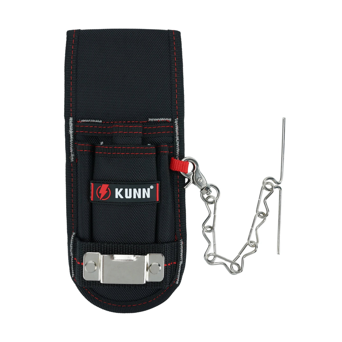 Black heavy-duty tool pouch with a belt clip and tape measure holder.