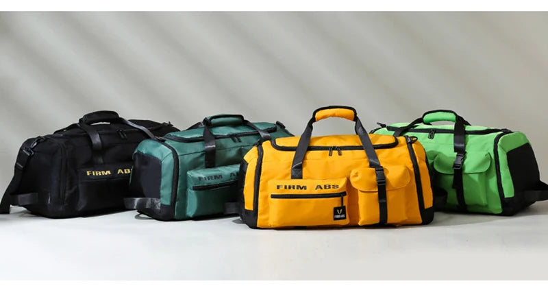 Four tactical nylon backpacks in black, green, and yellow are displayed on a white surface.