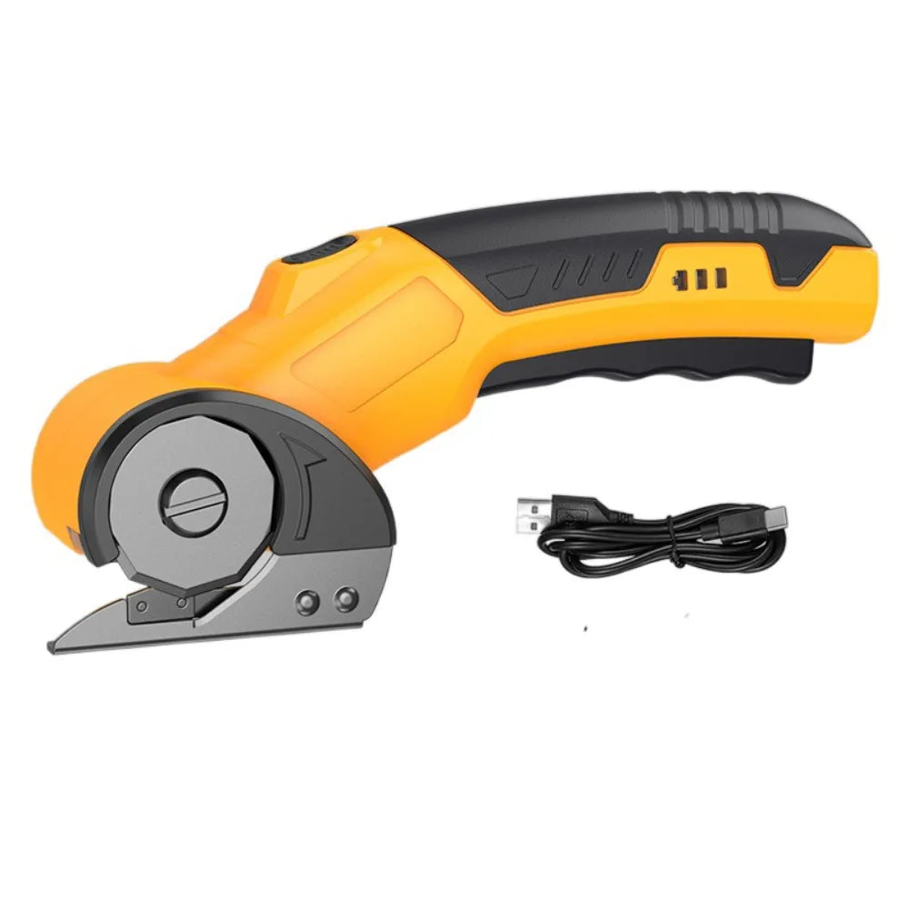 An orange and black cordless rotary scissors tool with a safety lock mechanism and attached power cord.