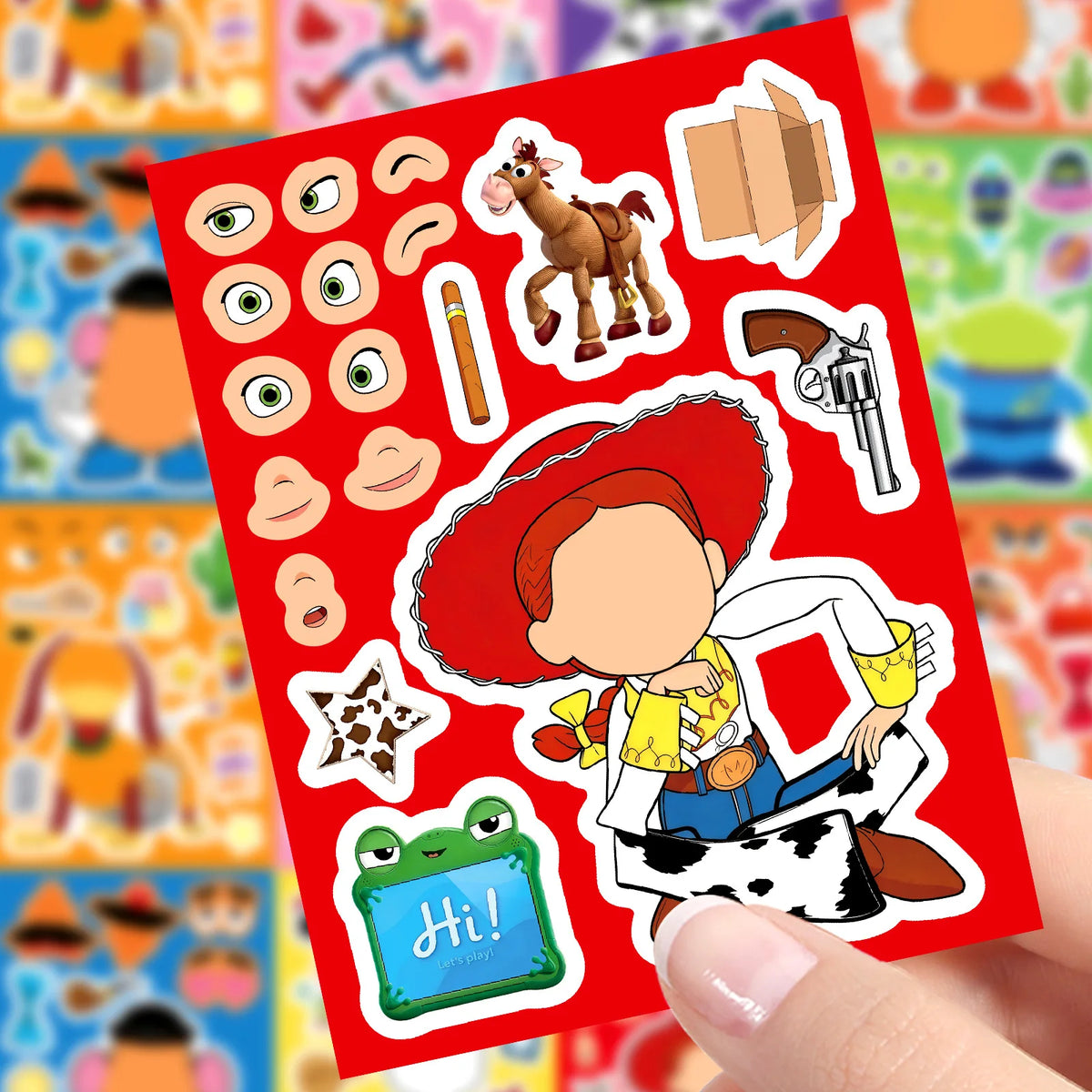 A hand holds a red sticker sheet featuring characters from Toy Story like Woody and Buzz Lightyear