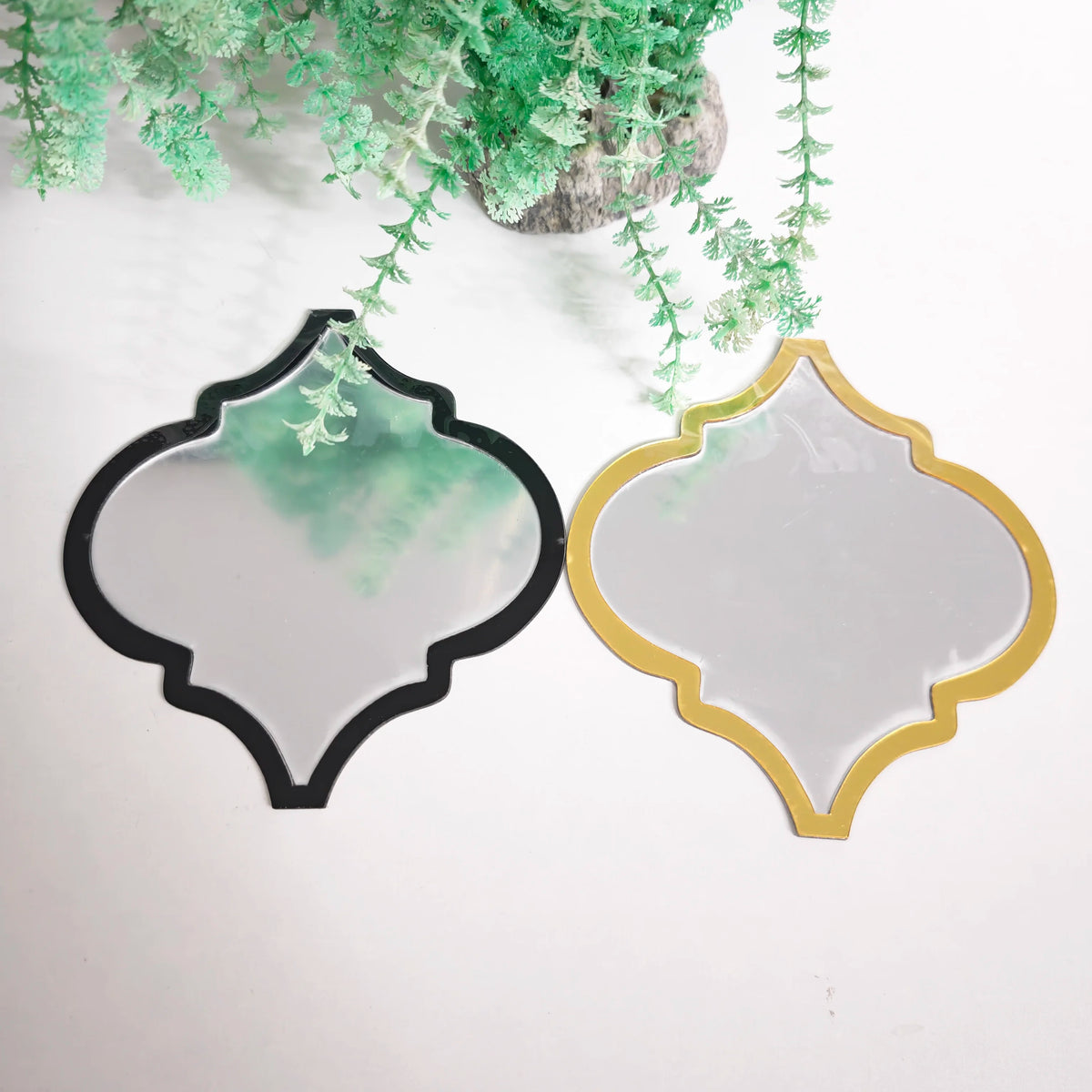 Moroccan-inspired decorative mirror wall stickers with green and gold accents