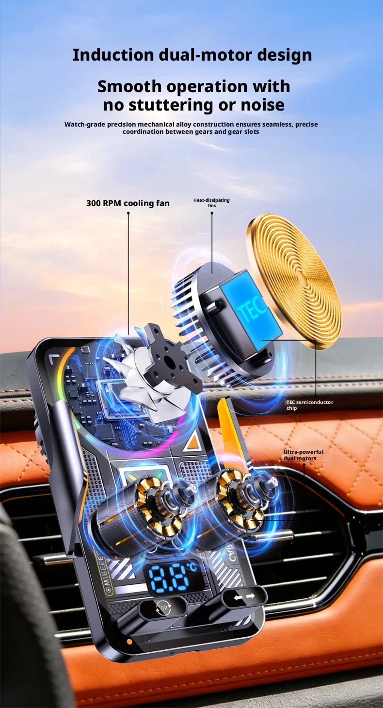 A close-up of a black car phone holder with dual motors and cooling fan, showing the induction design.