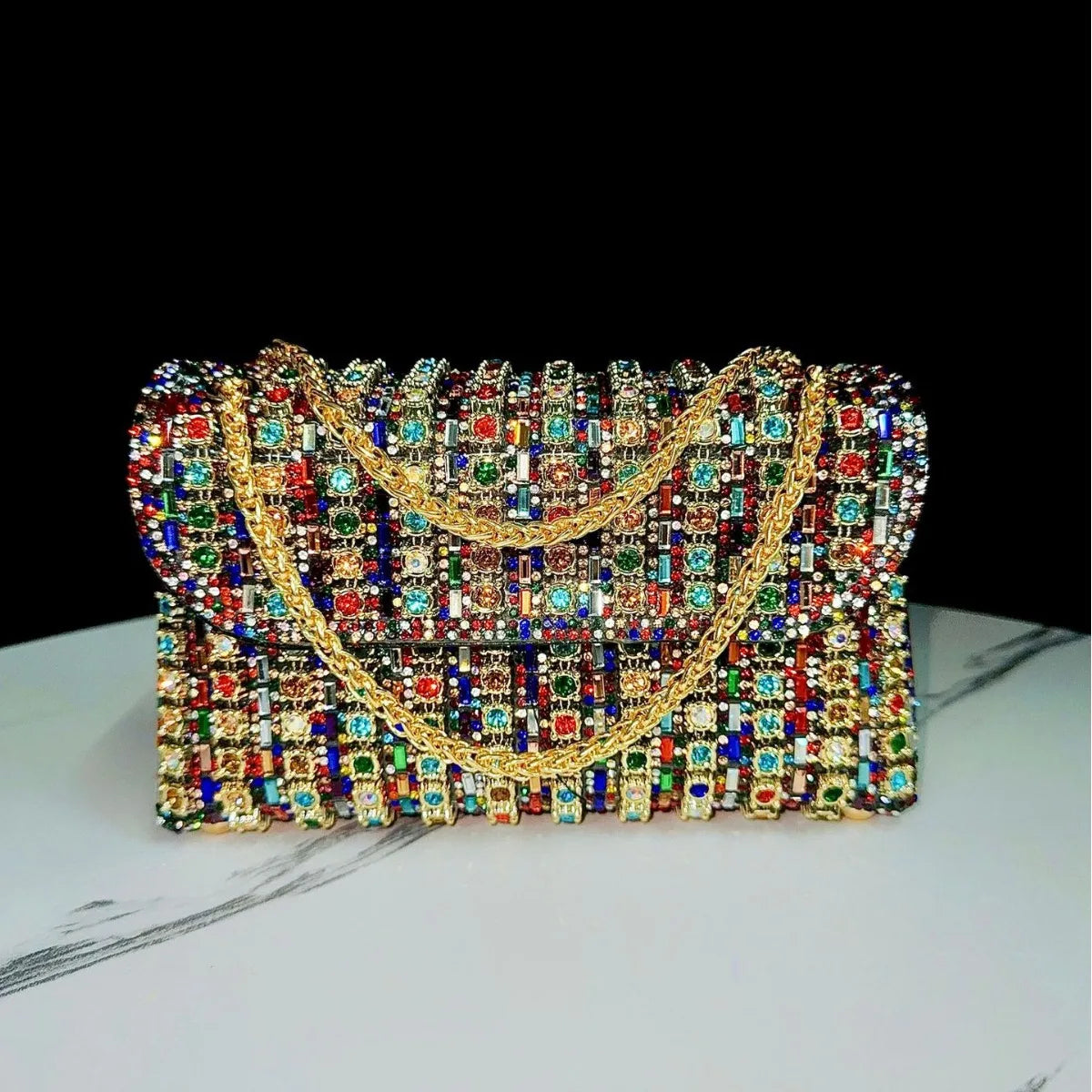 Crystal-Embellished Evening Clutch Bag with Chain Strap