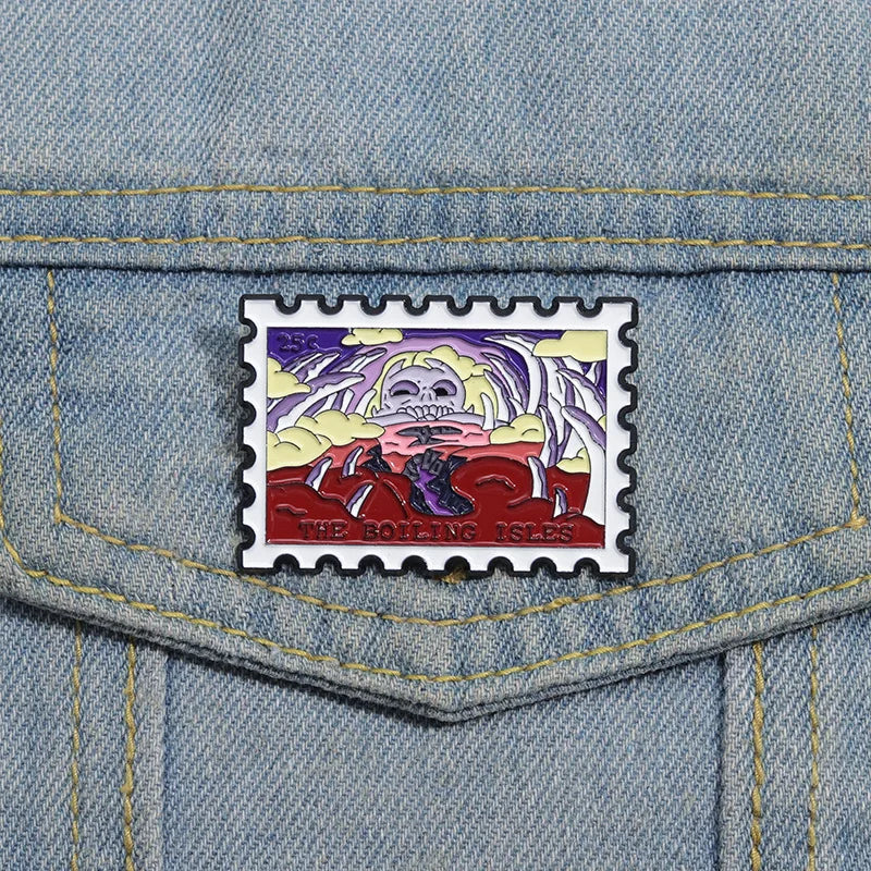 A vintage airline ticket enamel brooch featuring a skull and crossbones design on a denim shirt pocket.