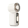 A white mini handheld fan with a digital display and flashlight is shown from the side.