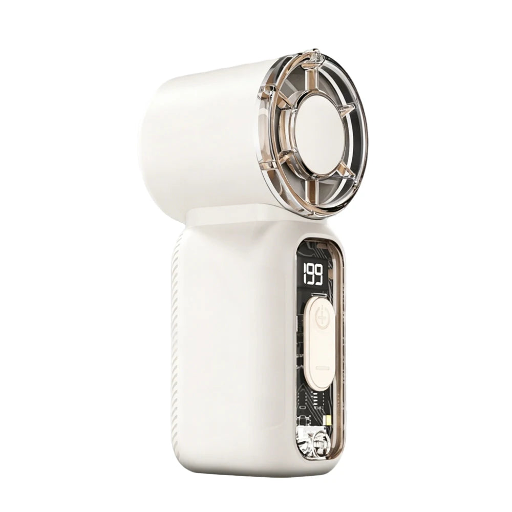 A white mini handheld fan with a digital display and flashlight is shown from the side.