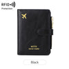 Black leather travel wallet with an airplane pattern and RFID protection