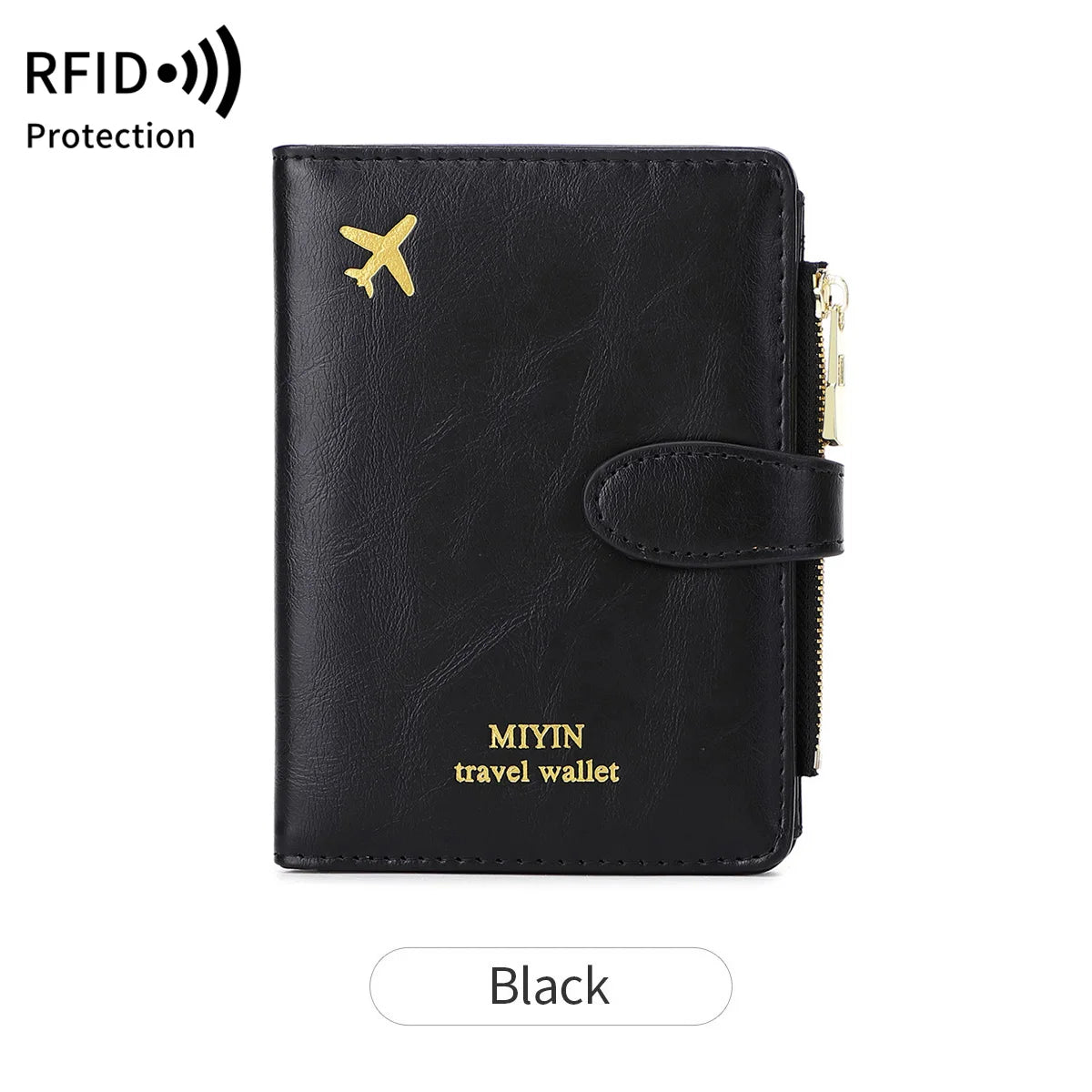 Black leather travel wallet with an airplane pattern and RFID protection
