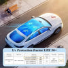A white car with a blue UV protection film applied to the windshield, showing temperature readings.