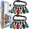 A set of 12 magnetic 1/4 inch hex screwdriver bits and a corresponding keychain holder with quick-release chucks