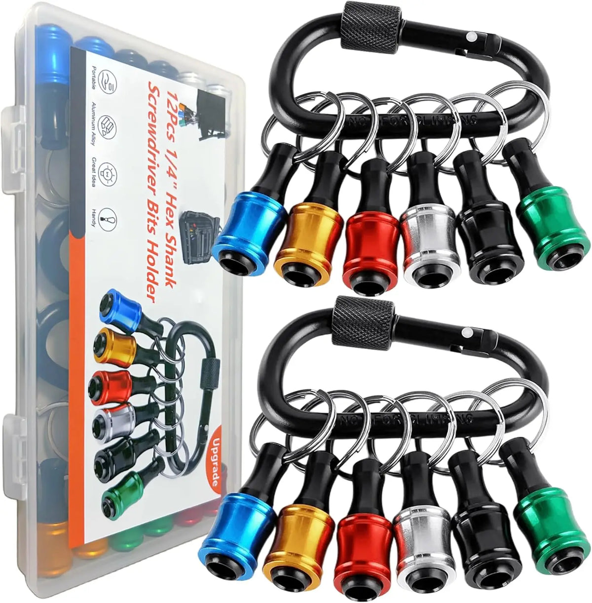 A set of 12 magnetic 1/4 inch hex screwdriver bits and a corresponding keychain holder with quick-release chucks