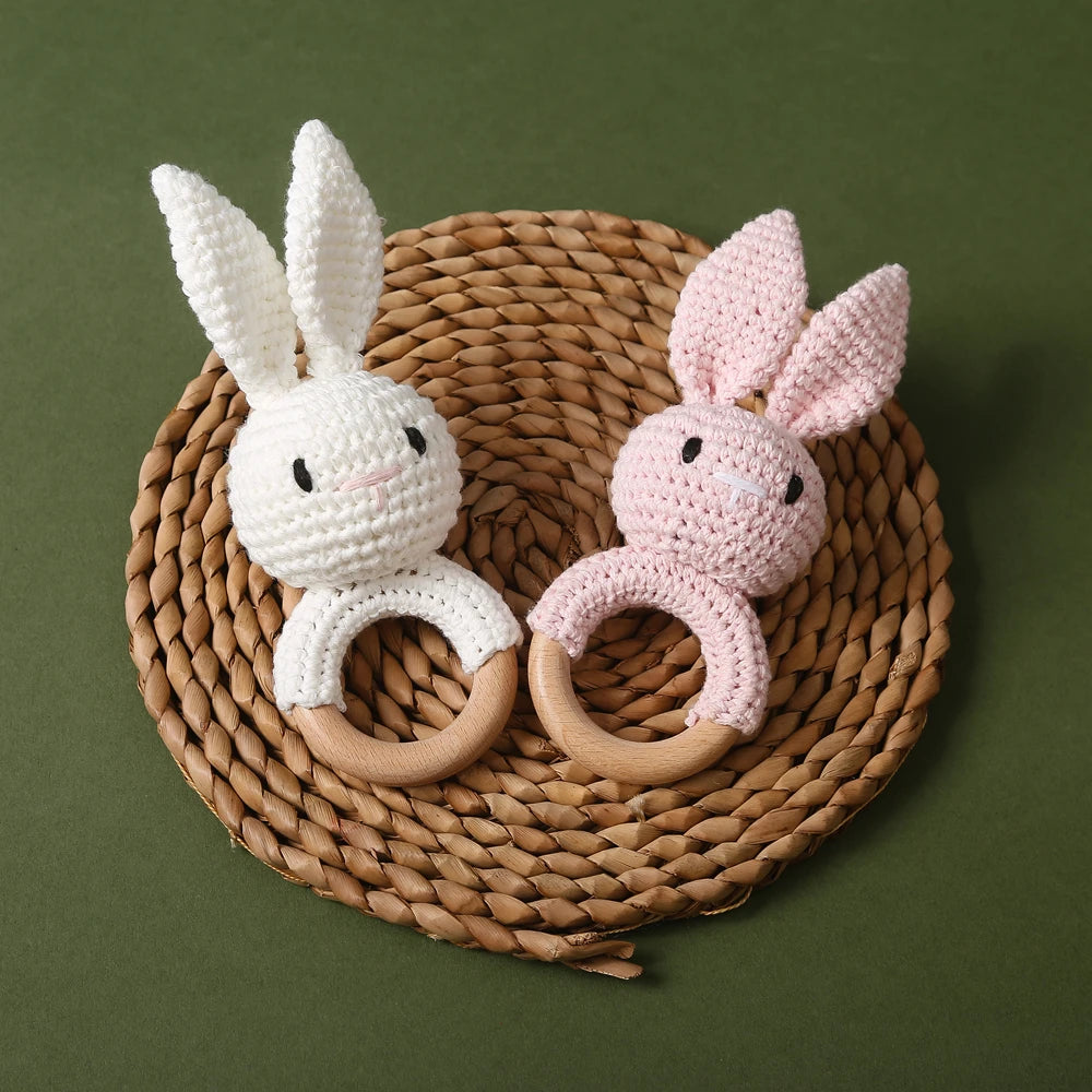 Handmade Crochet Bunny Rattle with Wooden Teether for Babies