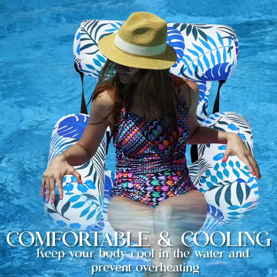 Inflatable Water Hammock with Armrests – Tropical Leaf Pool Lounger for Adults