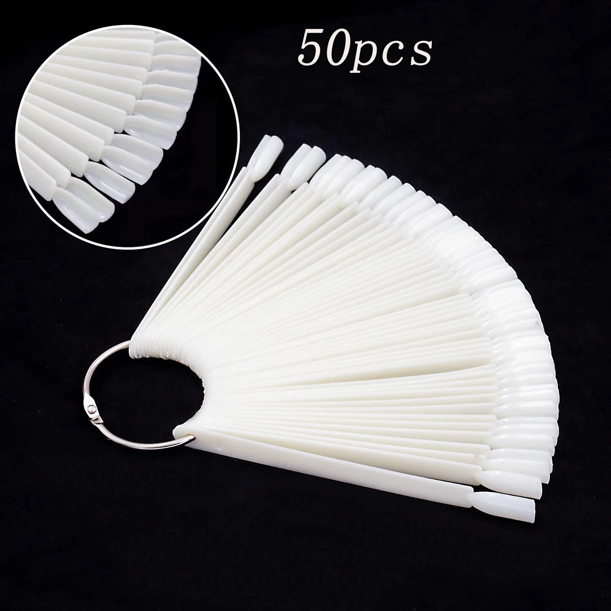 A fan-shaped set of clear acrylic false nail tips for practice and display, showing 50 pieces.