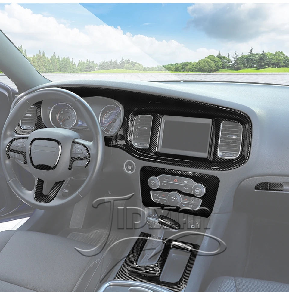 Interior view of a Dodge Charger showing carbon fiber trim and dashboard components.
