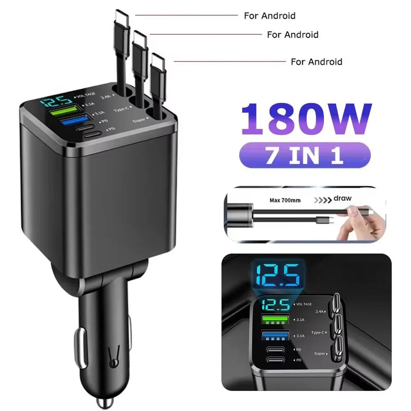 Cargador de Auto Retráctil de 180W con Iluminación Ambiental