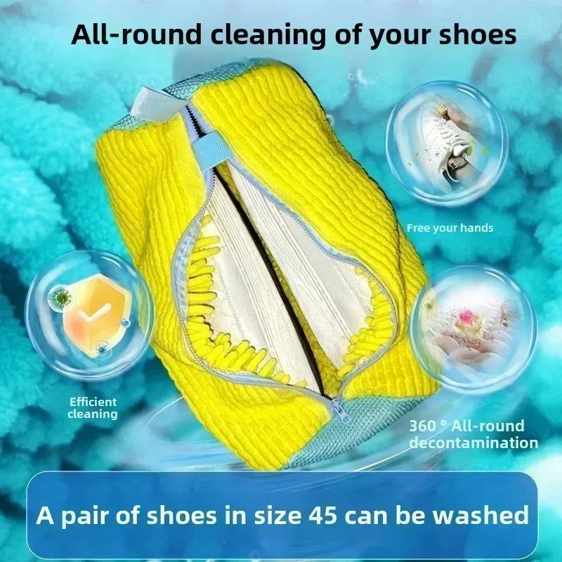 Yellow reusable shoe laundry bag showing the interior and exterior, demonstrating all-round cleaning and decontamination.