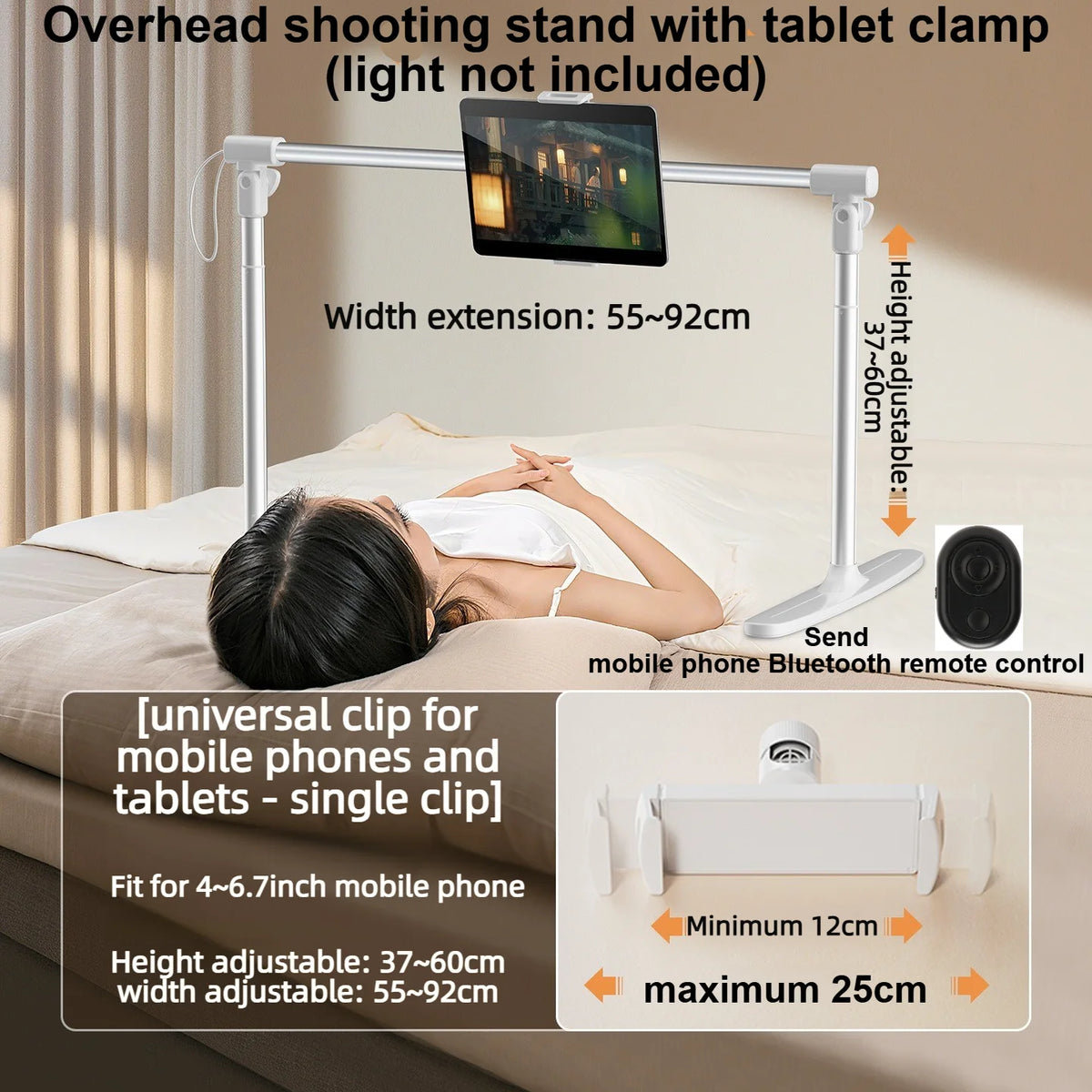 Overhead shooting stand with tablet clamp for mounting devices on a bed or desk
