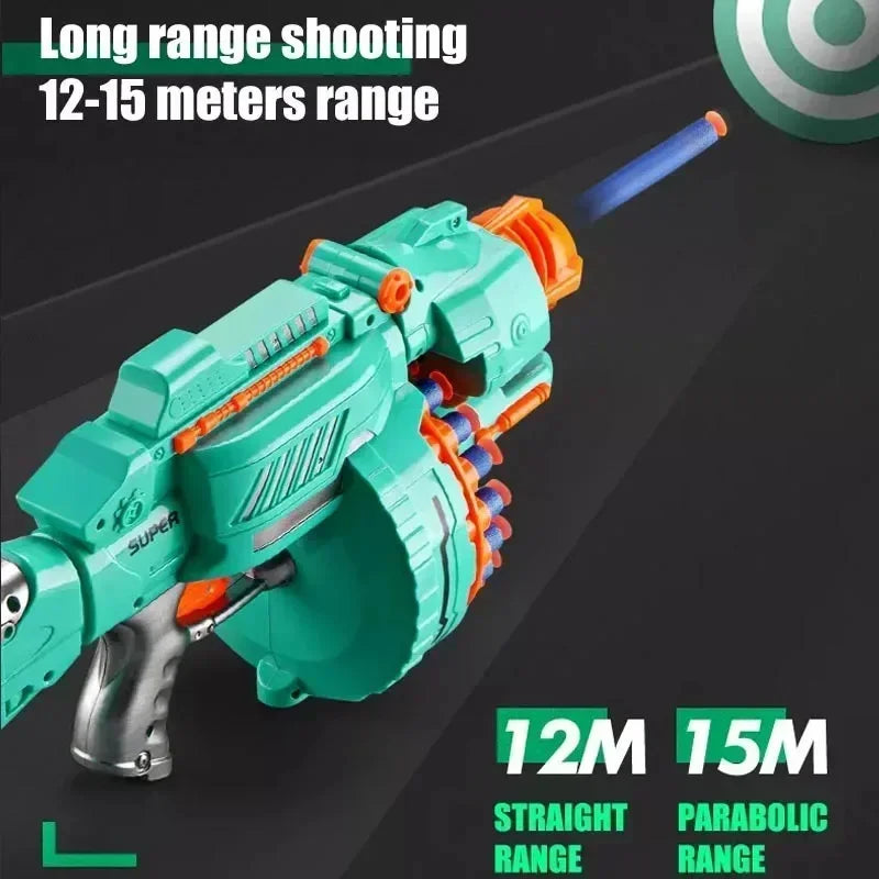 A teal electric gatling gun toy is shown firing a projectile, demonstrating a 12-15 meter range.