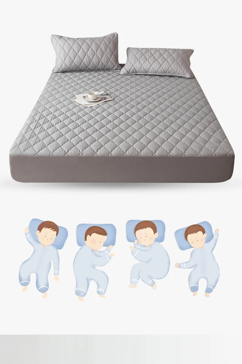 A gray quilted waterproof pillow protector with a soft, breathable fabric and envelope closure.