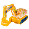 A yellow transparent gear excavator toy with LED lights shown from the side.