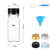A set of reusable clear plastic juice bottles with black and silver tamper-evident caps and a white silicone spatula.