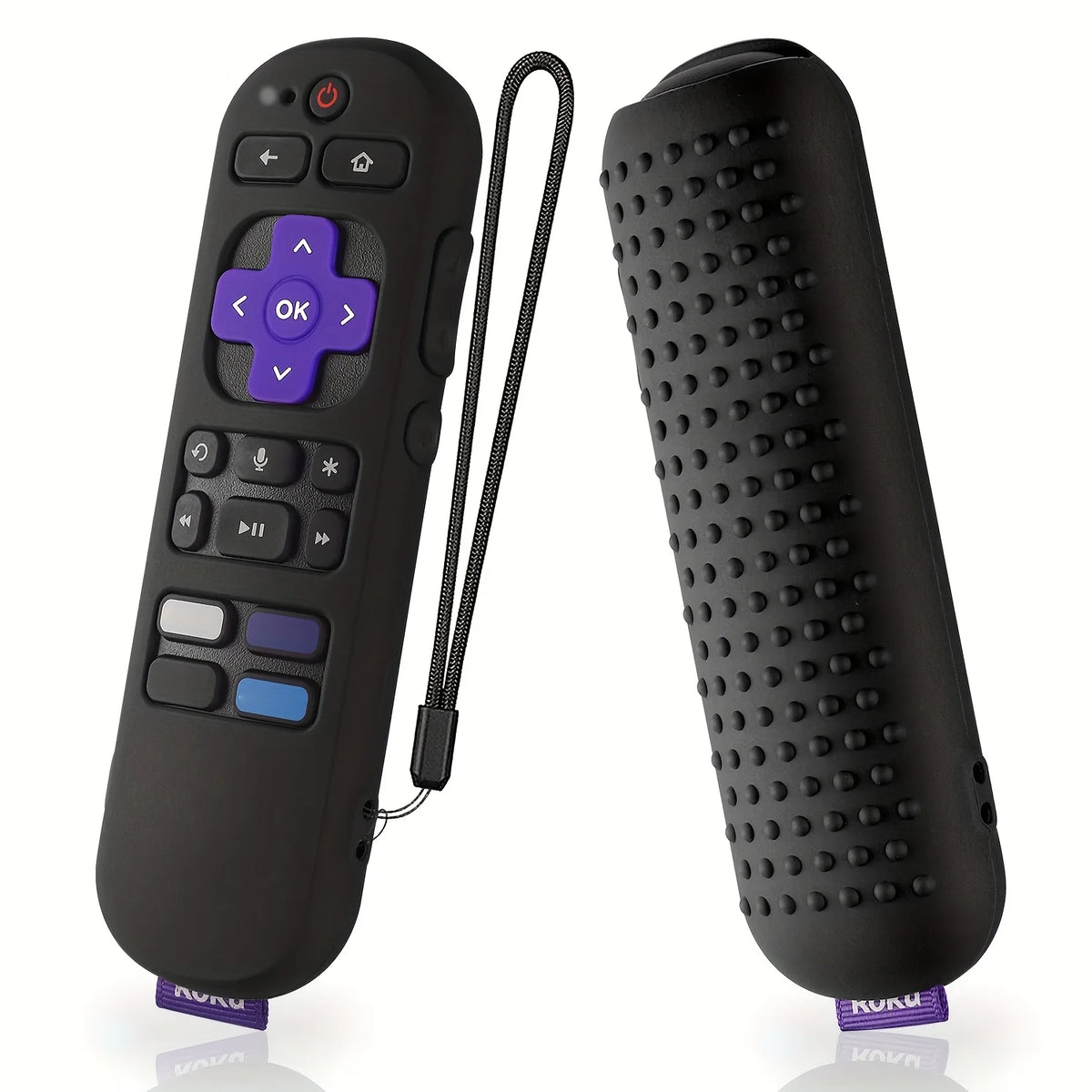 A black silicone remote cover for a Roku device shown next to the detached cover.