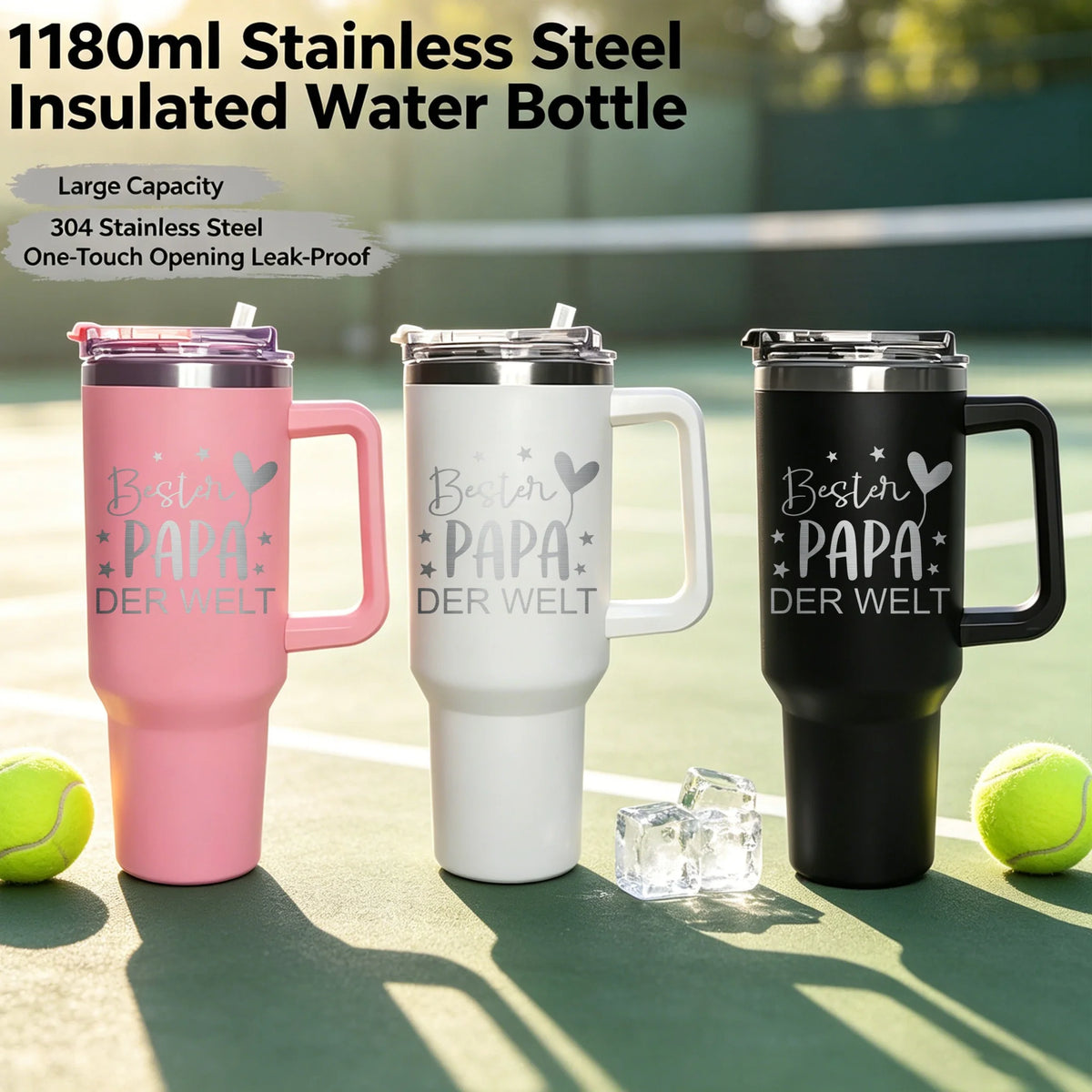 Three insulated stainless steel water bottles in pink, white, and black featuring the text Best Dad Papa der Welt